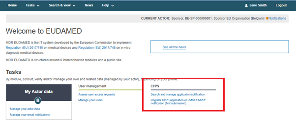 EUDAMED links under the cips section on the dashboard
