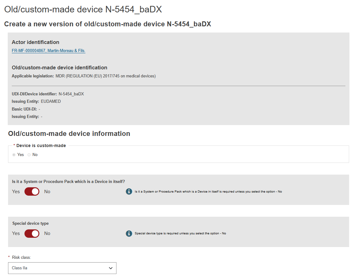 EUDAMED create a new version of an old/custom-made device non-editable fields