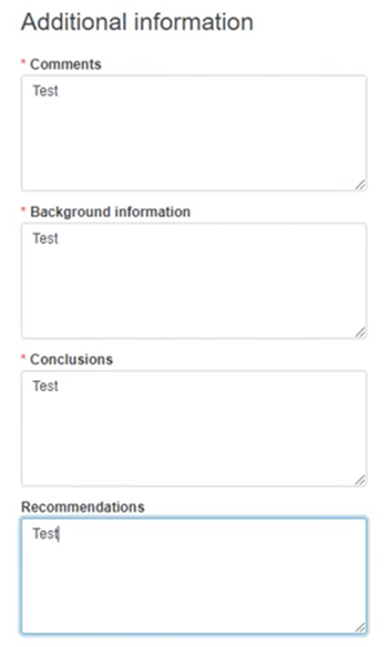 EUDAMED Additional information section fields: Comments, Background information, Conclusions, Recommendations