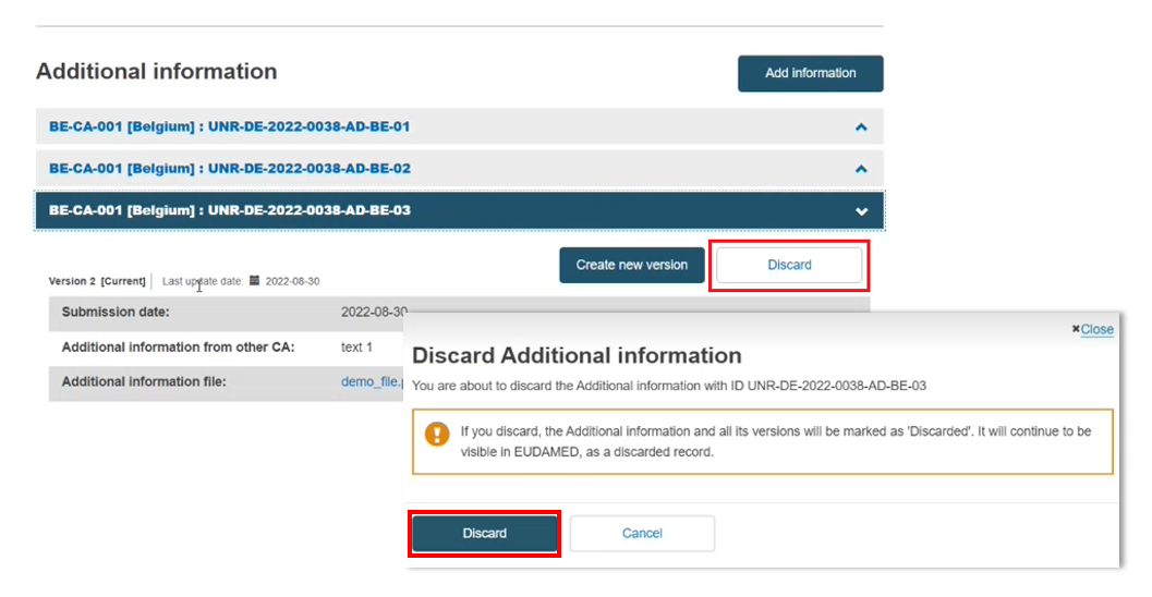 EUDAMED discard button in the additional information page