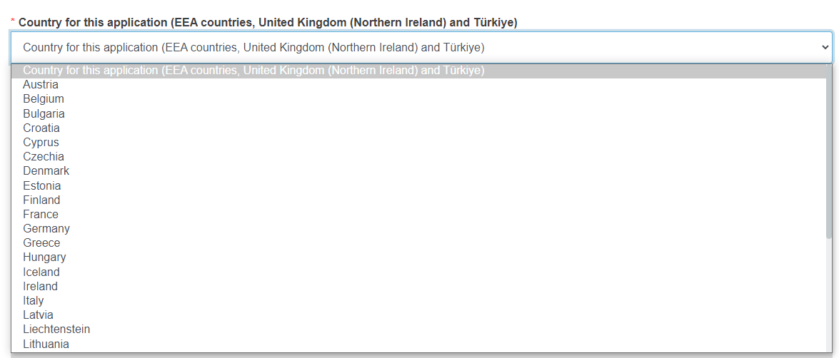 EUDAMED country for this application (eea countries, united kingdom (northern ireland) and Türkiye) field