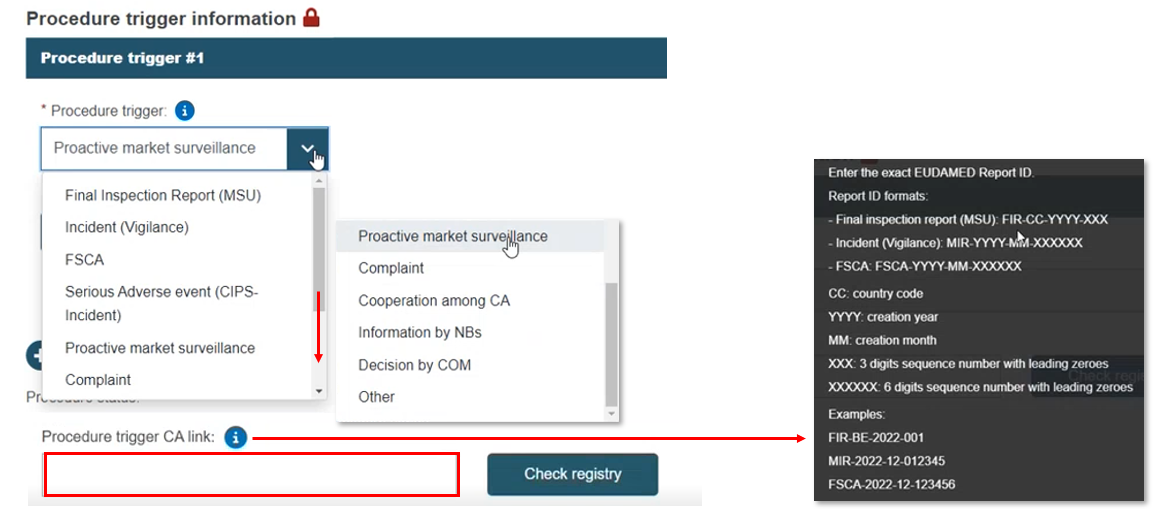EUDAMED fields in the procedure trigger information section and check registry button