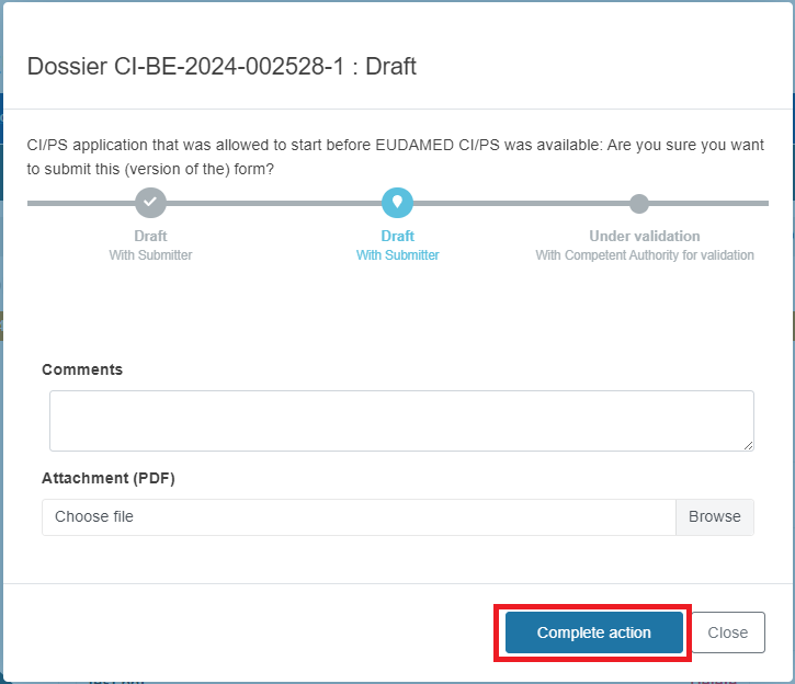 EUDAMED complete action button