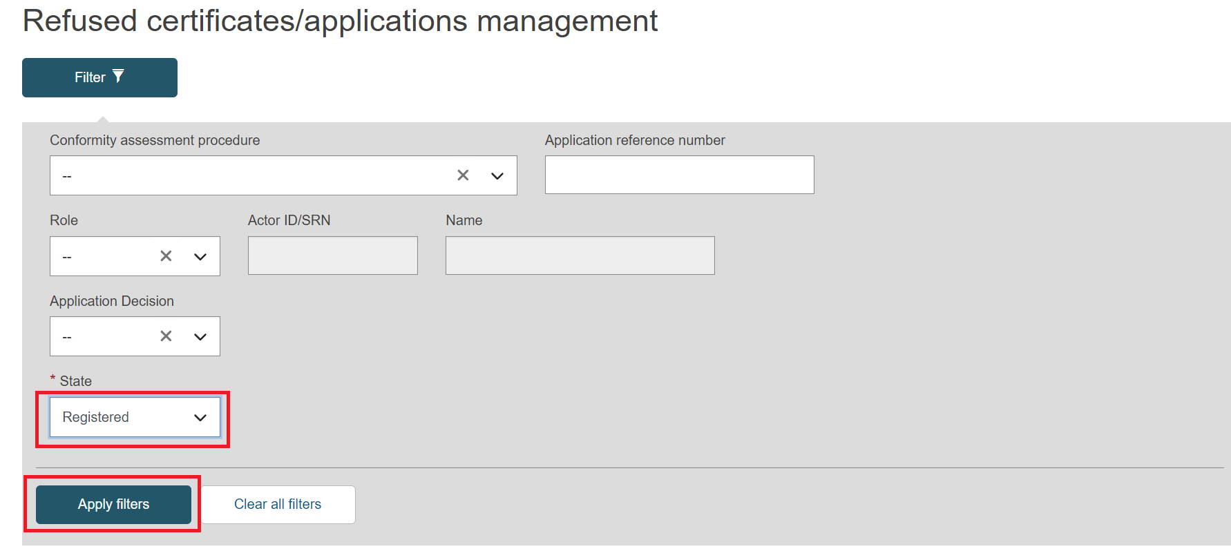 EUDAMED refused certificates applications management page with registered state selected