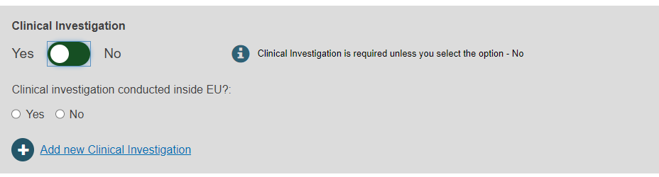 EUDAMED details on clinical investigation in the device information step when registering a legacy device