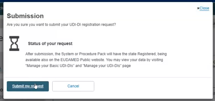 EUDAMED submit my request and cancel buttons in the pop-up window