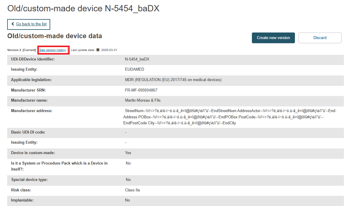 EUDAMED see version history link on the old/custom-made device data page