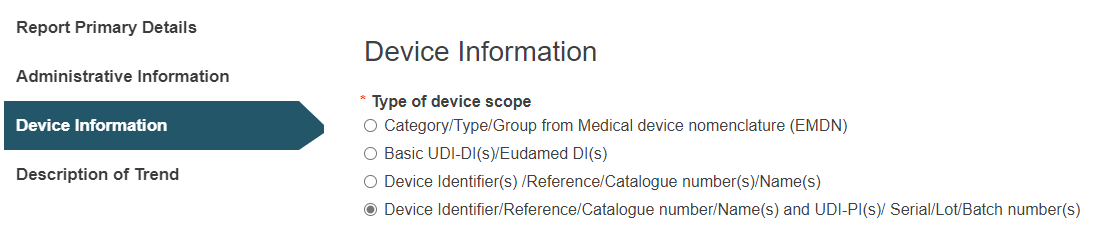 EUDAMED MTR Device info: Device identifier/ref/catalogue No and Serial No/Batch