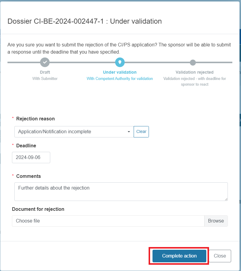 EUDAMED pop-up window with fields to complete and complete actions and close buttons