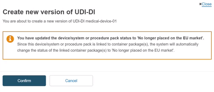 EUDAMED confirmation message when creating a new version of the udi-di