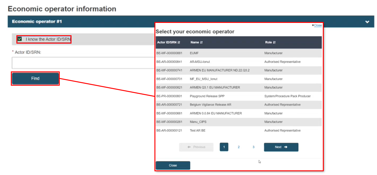 EUDAMED actor id/srn field and find button with popup window with list of economic operators