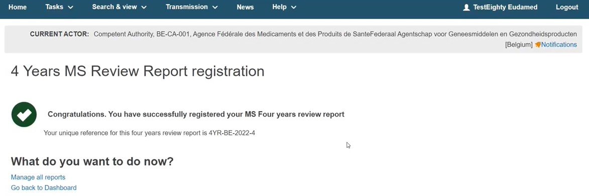 EUDAMED confirmation message after submitting a 4-years ms review report registration