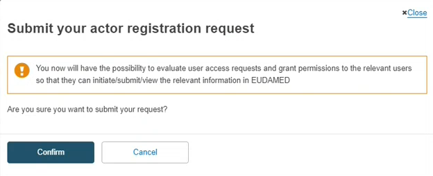 EUDAMED submit your actor registration request confirmation window when registering as an Economic Operator