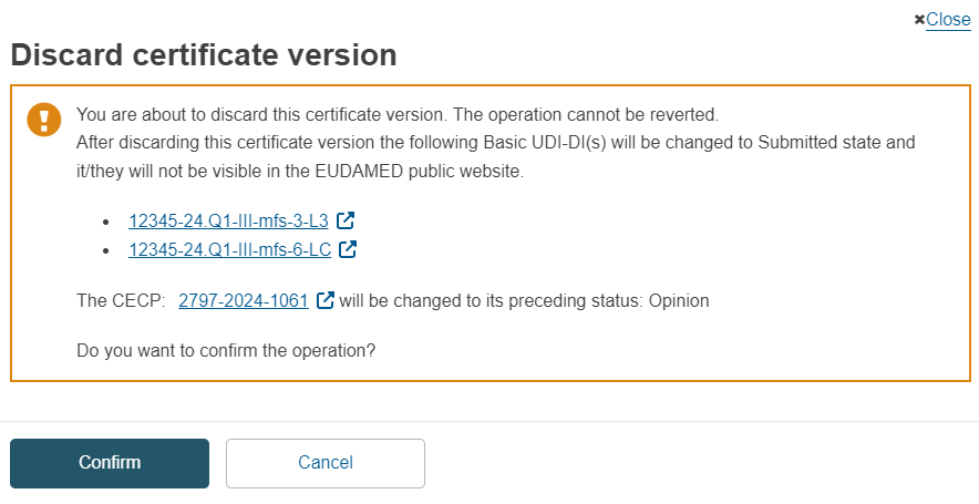 EUDAMED confirmation window for discarding a certificate version with confirm and cancel buttons