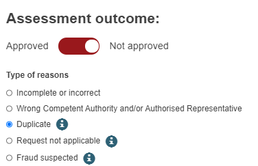 EUDAMED approve not approved toggle button and type of reasons field