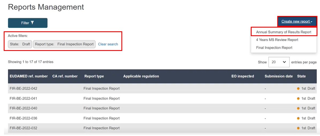EUDAMED annual summary of results report link under the create new version button