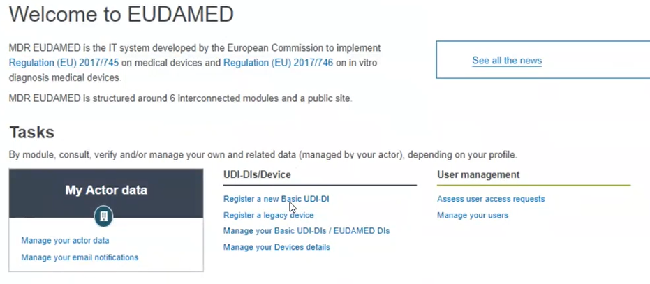 EUDAMED register a new basic udi-di link in the dashboard