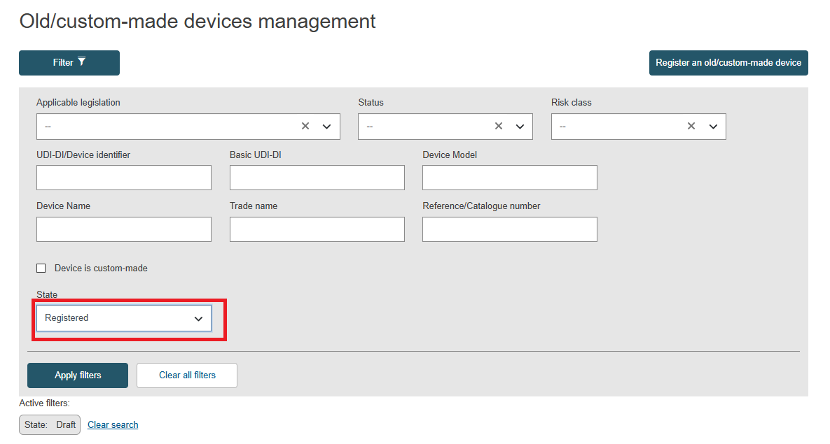 EUDAMED registered state selected in the old/custom-made devices management page