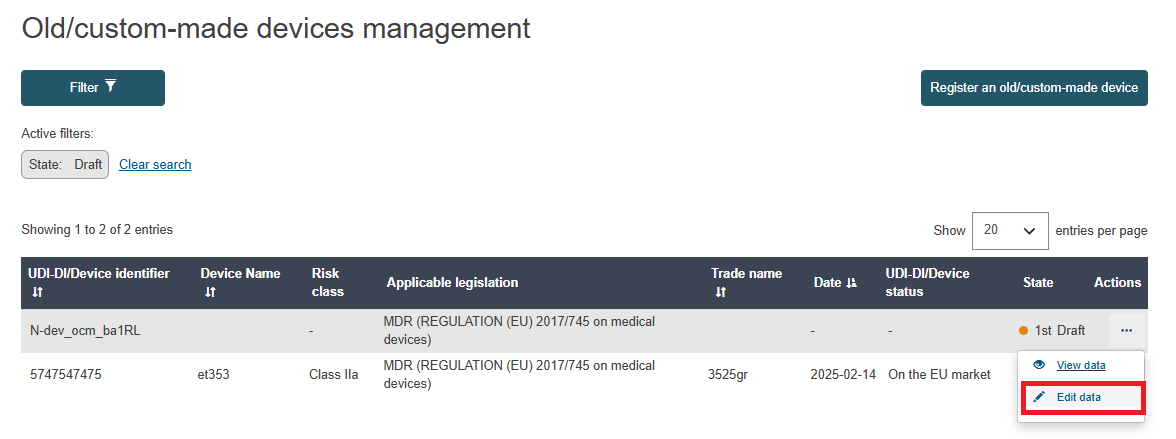 EUDAMED edit data link in the old/custom-made device management page