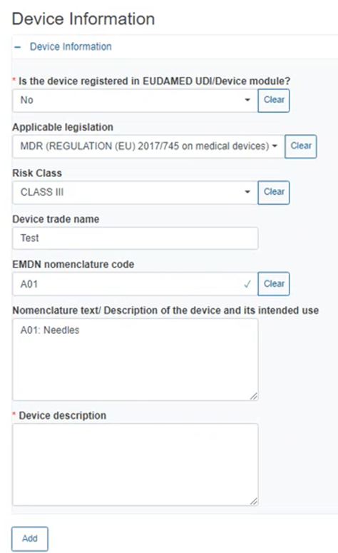 EUDAMED Device information fields: Applicable legislation, Risk Class, Device trade name, EMDN nomenclature code, Nomenclature device description with intended use and Device description.