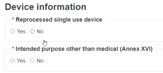 EUDAMED reprocessed single use device and intended purpose other than medical (annex xvi) fields in the deice information section