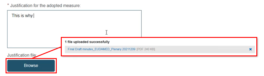 EUDAMED justification for the adopted measure and justification file fields with browse button