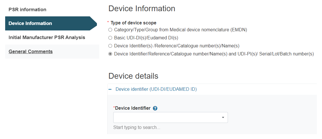 EUDAMED PSR Device info: Device identifier selection