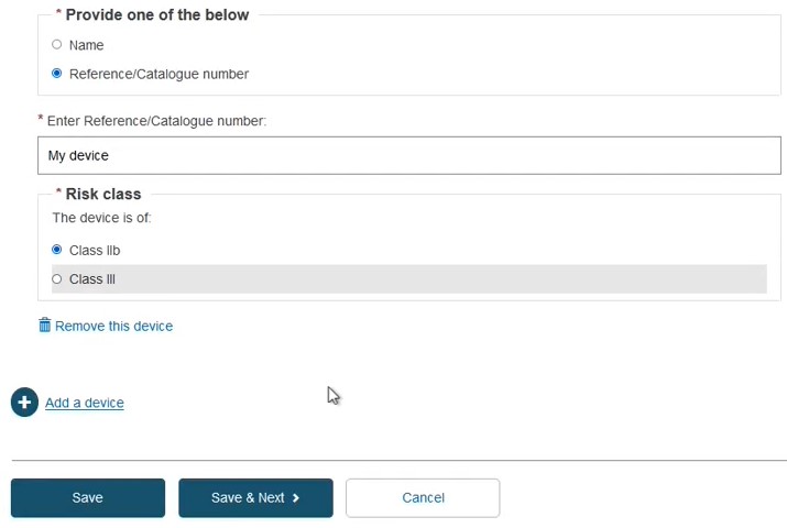 EUDAMED enter reference/catalogue number and risk class fields, remove this device and add device links and save and cancel buttons