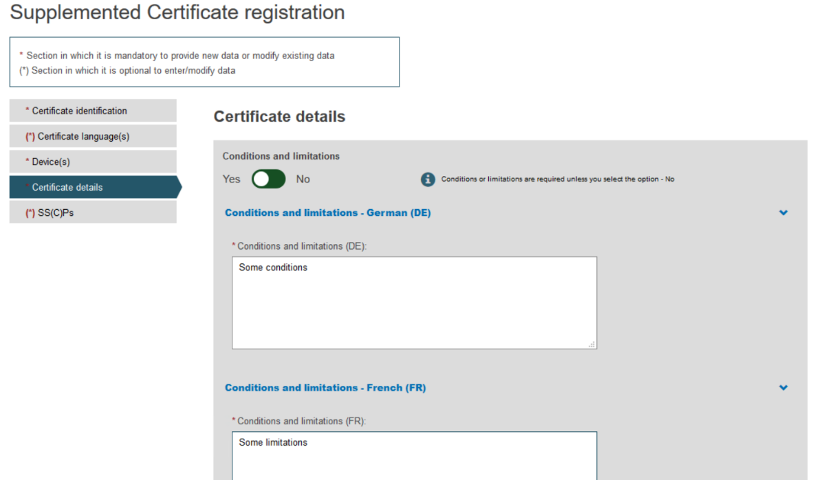 EUDAMED fields in the certificate details section