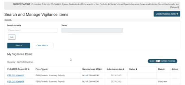 EUDAMED Search and Manage Vigilance items section with list display of My Vigilance items