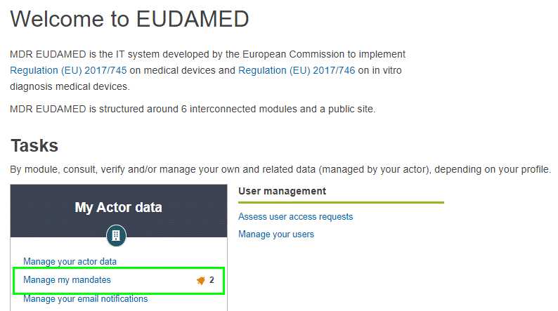 EUDAMED manage my mandates link in the dashboard