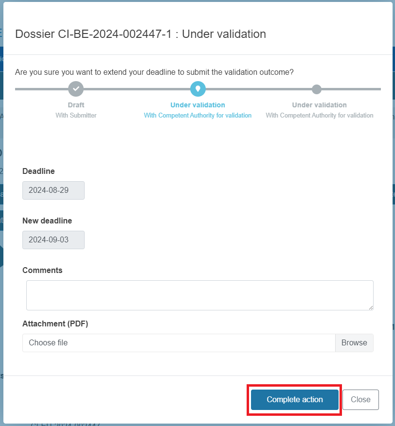 EUDAMED pop-up window with fields to complete and complete action and close buttons