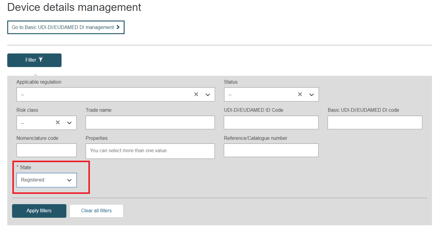 EUDAMED status field with registered option selected in the device details management page
