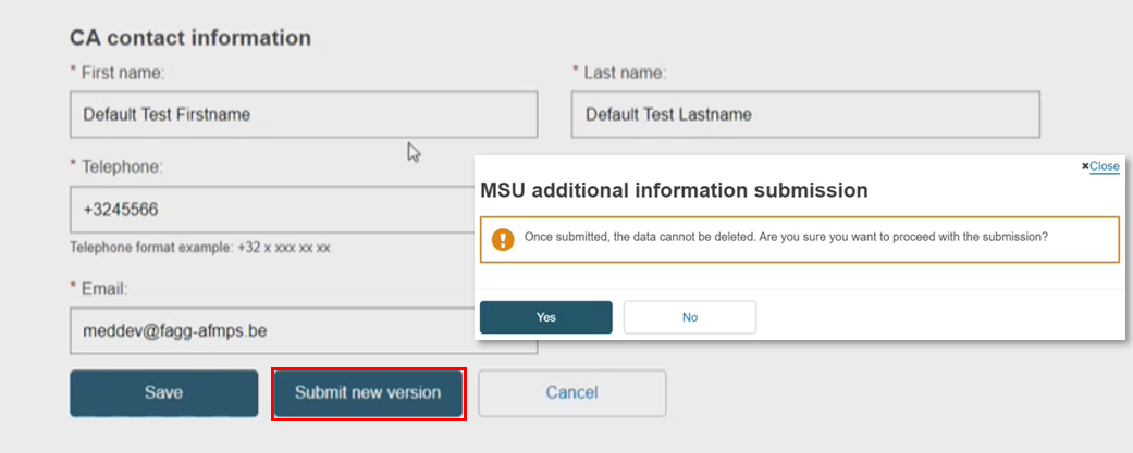 EUDAMED submit new version button and the triggered pop-up window