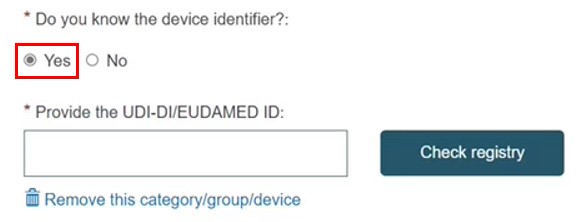 EUDAMED do you know the device identifier and provide the udi-di/eudamed id fields and check registry button