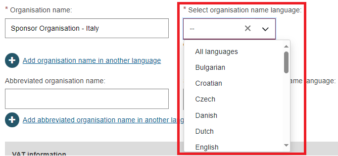 EUDAMED Sponsor registration organisation name language field