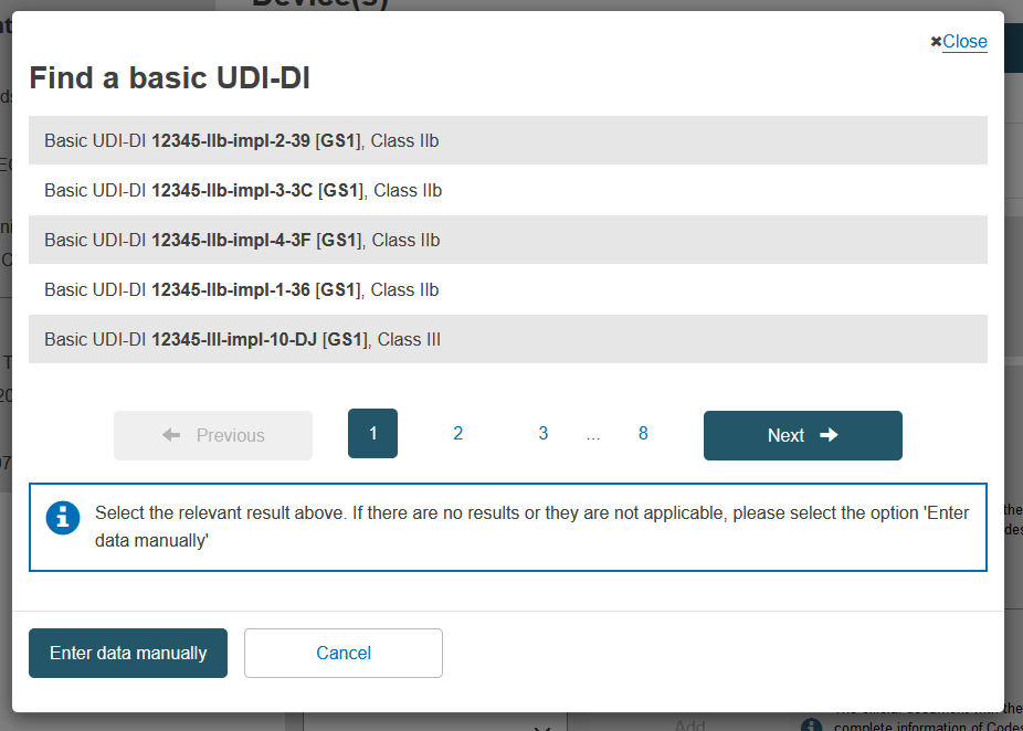 EUDAMED list with basic udi-dis, pagination and enter data manually and cancel buttons