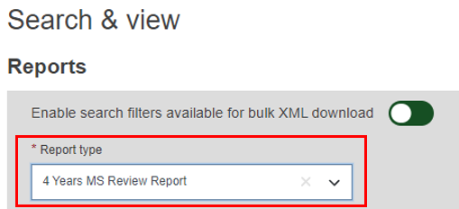 EUDAMED enable search filters available for bulk XML download toggle button and report type field