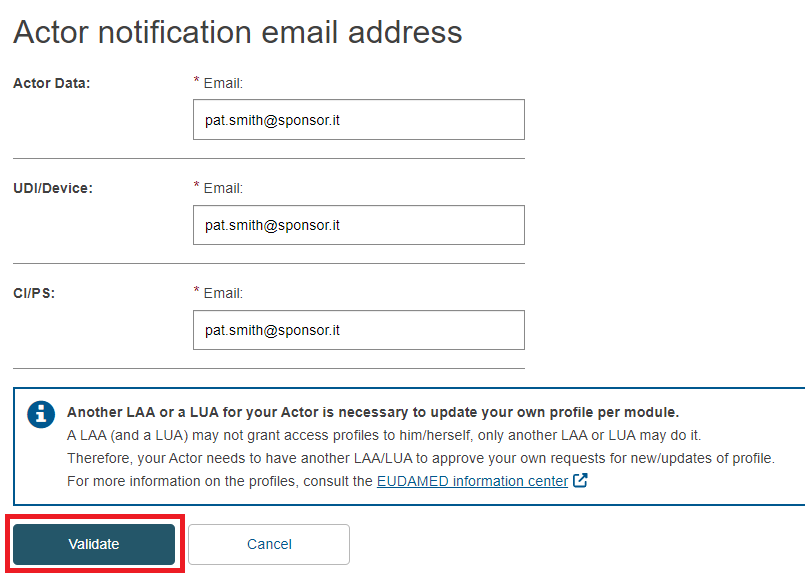 EUDAMED Sponsor registration validate email address