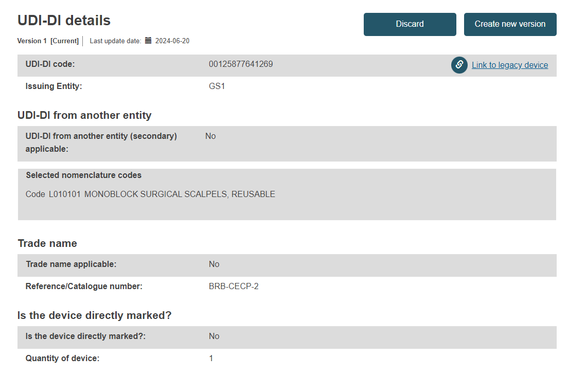 EUDAMED udi-di details section when viewing device details