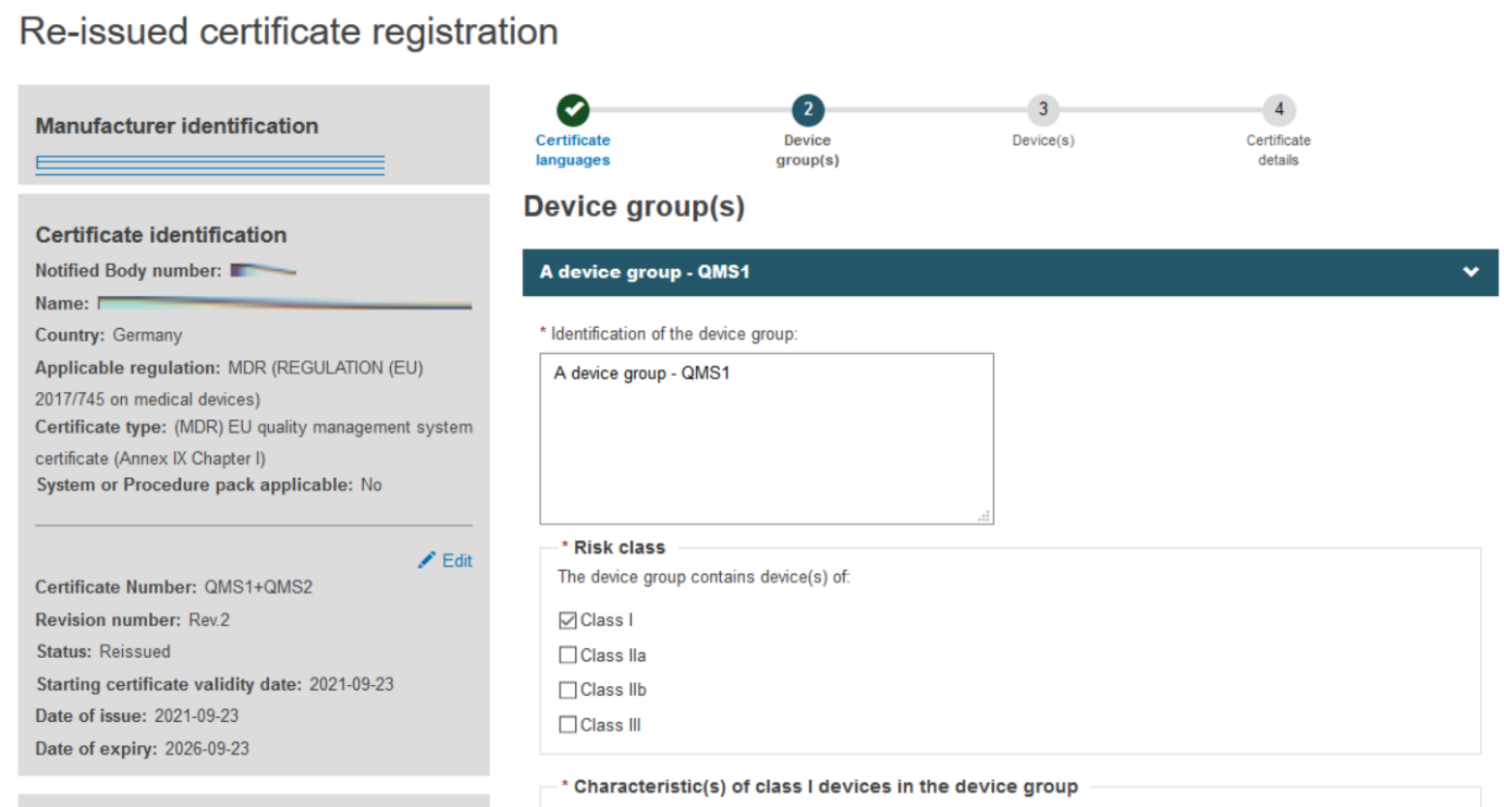 EUDAMED identification of the device group and risk class fields