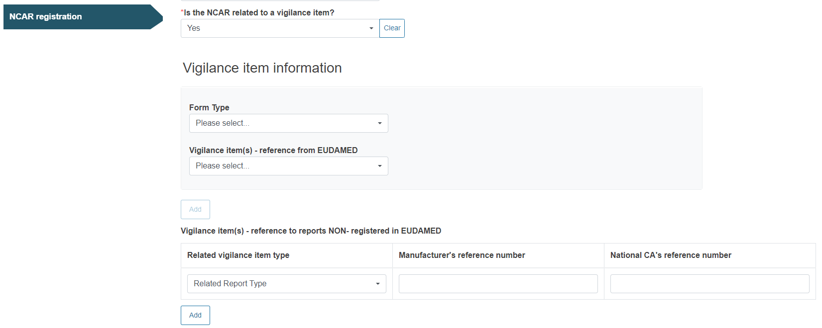 EUDAMED Yes or No question: Is the NCAR related to a Vigilance item?