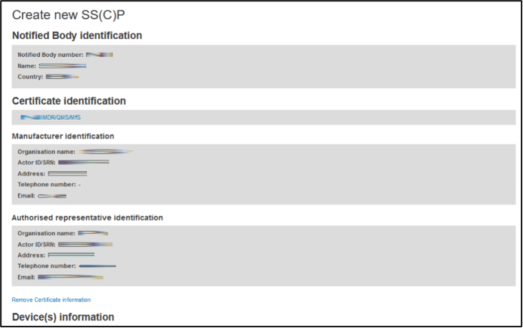 EUDAMED details on the selected certificate in the create new sscp page