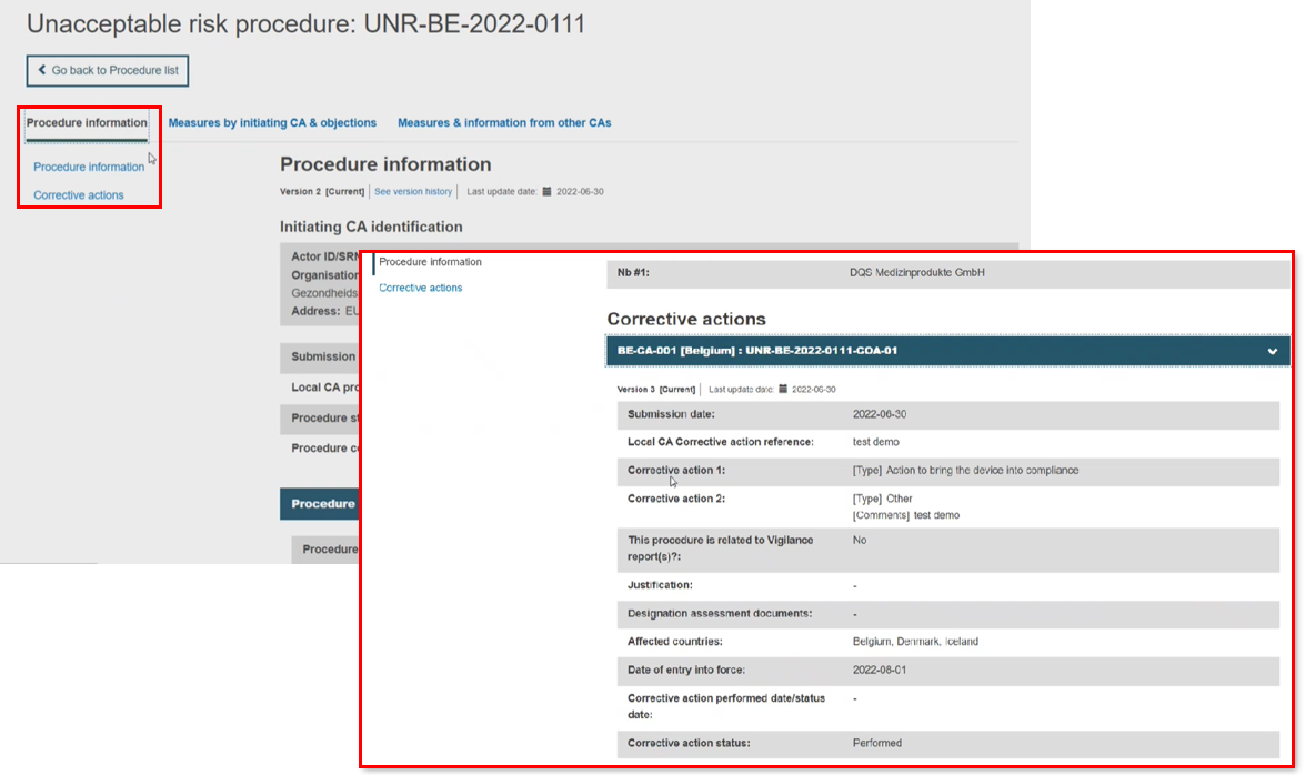 EUDAMED procedure information tab