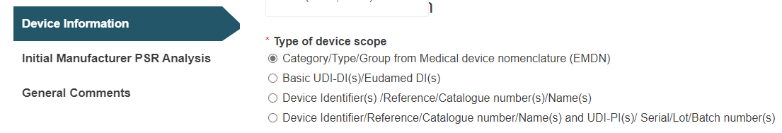 EUDAMED PSR Device info: Device scope
