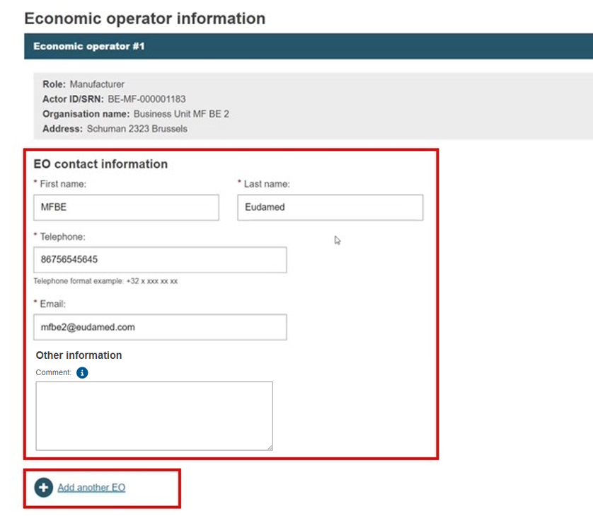 EUDAMED fields in the economic operator contact information section