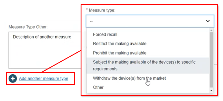 EUDAMED add another measure type link and measure type field