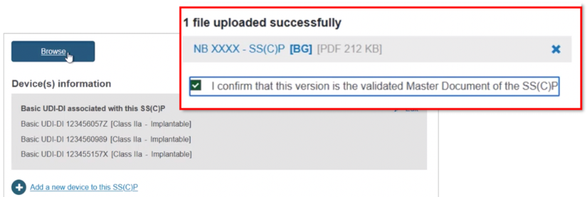 EUDAMED browse button and checkbox to confirm the validated version