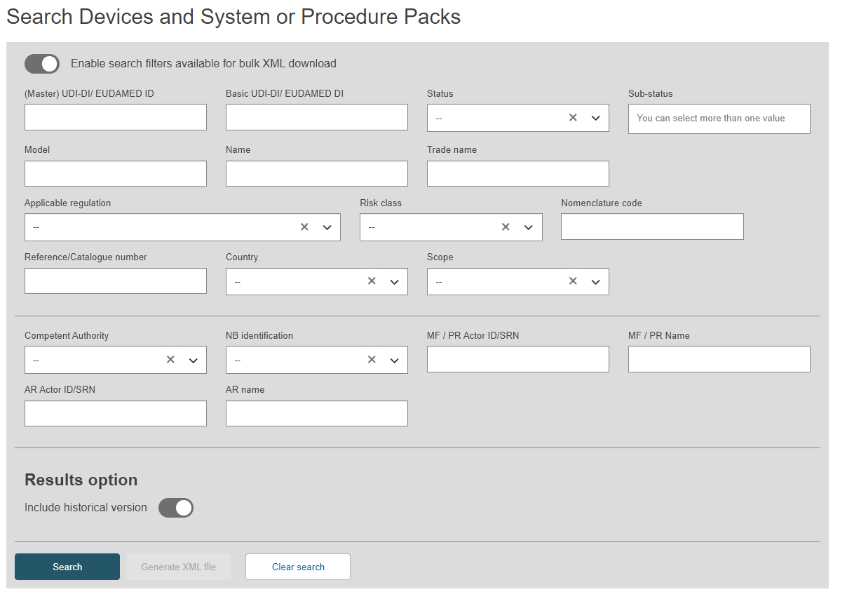 EUDAMED criteria to search for devices, systems and procedure packs