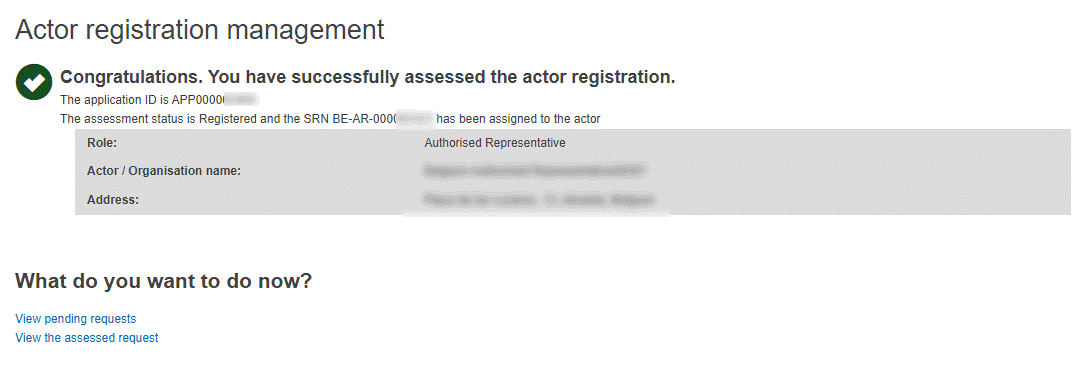 EUDAMED actor registration request successfully assessed